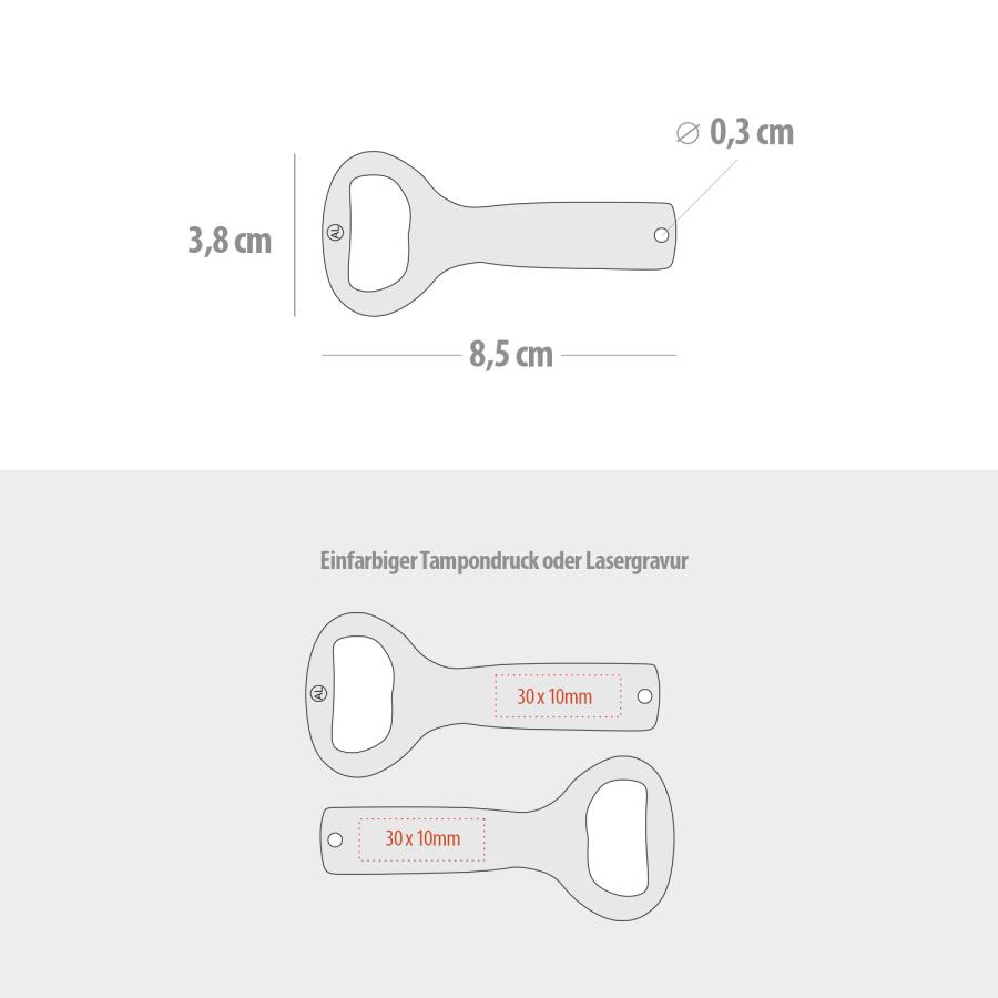 Maßzeichnung Aluminium-Flaschenöffner 3,8×8,5×0,3 cm mit Druckbereich 30×10 mm