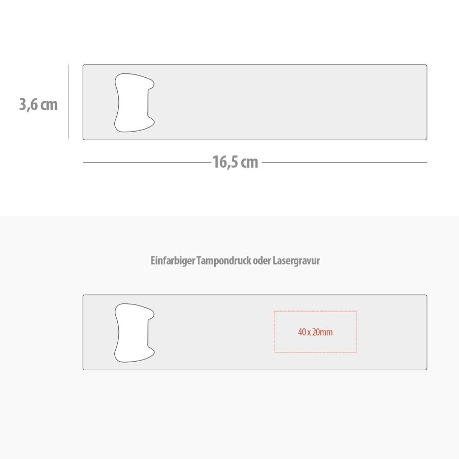 Maßzeichnung Edelstahl-Flaschenöffner 16,5 × 3,6 cm mit Druckbereich 40 × 20 mm