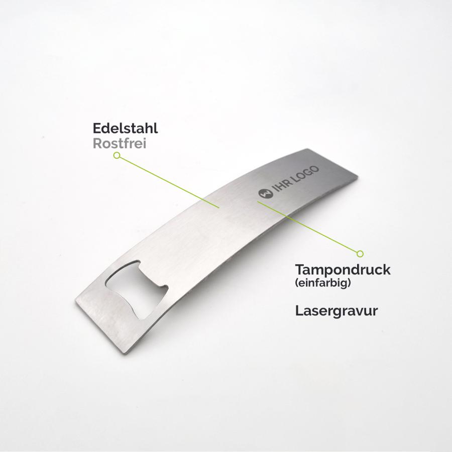 Flaschenöffner aus Edelstahl – rostfrei mit Tampondruck und Lasergravur