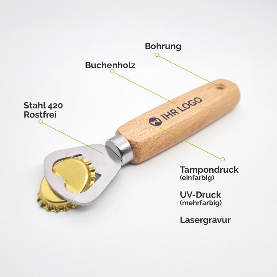 Flaschenöffner Holz gravieren personalisieren bedrucken mit Druckdetails