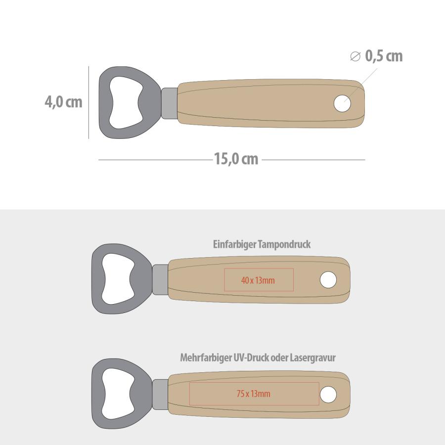 Flaschenöffner Holz gravieren personalisieren bedrucken Maße und Druckflächen