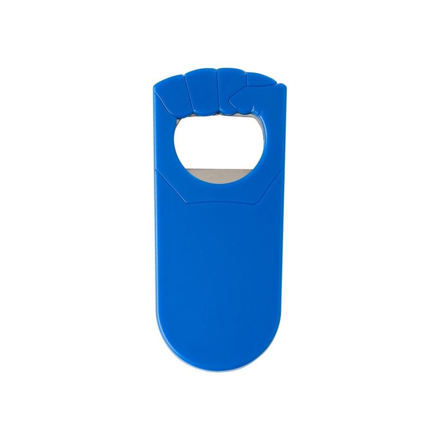 Blauer Kunststoff-Flaschenöffner mit Druckfläche für Ihr Logo