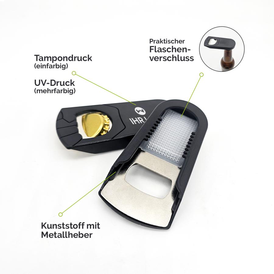2in1 Flaschenöffner mit Kunststoffgehäuse, Metallheber und Druckoptionen