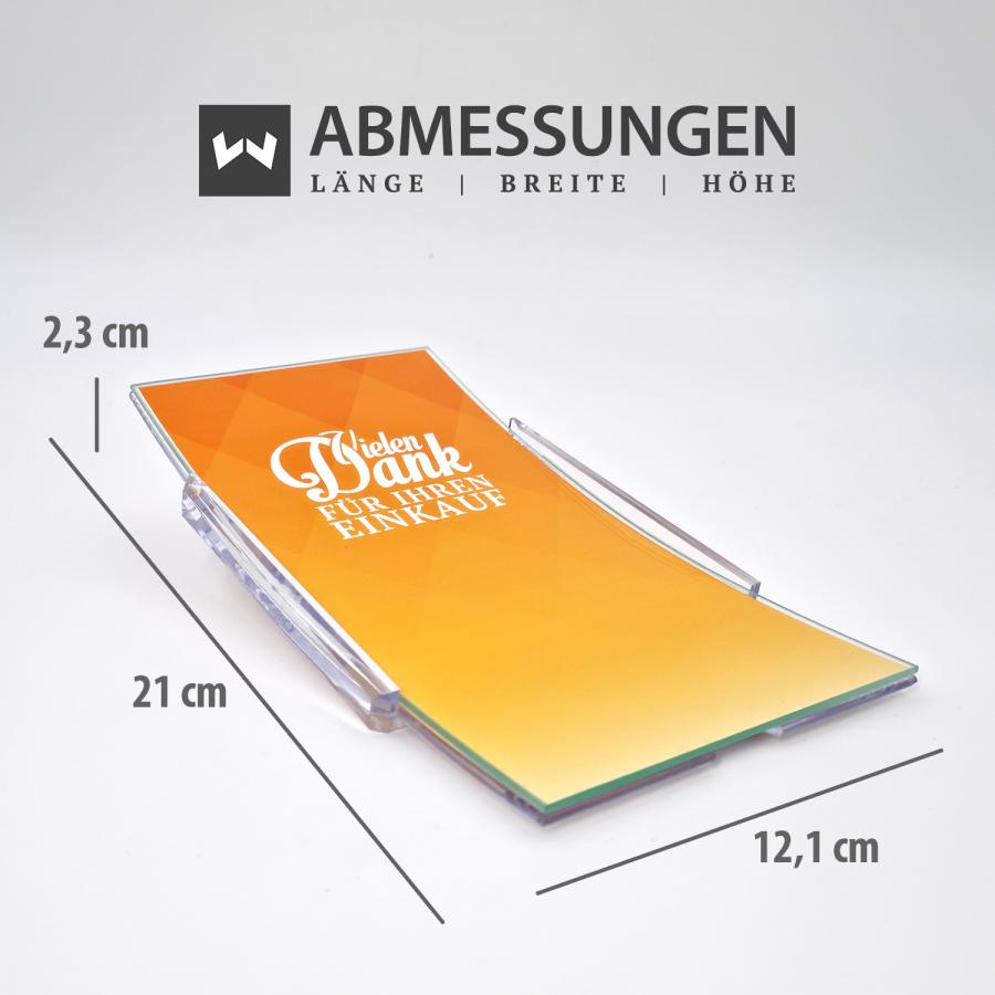 Artikelmaße Zahlteller mit Glasfläche, gelb bedruckt