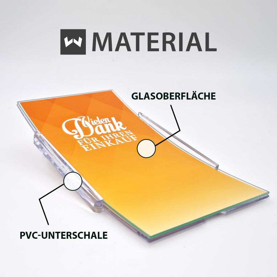 Artikeldetails  Zahlteller mit Glasfläche, gelb bedruckt