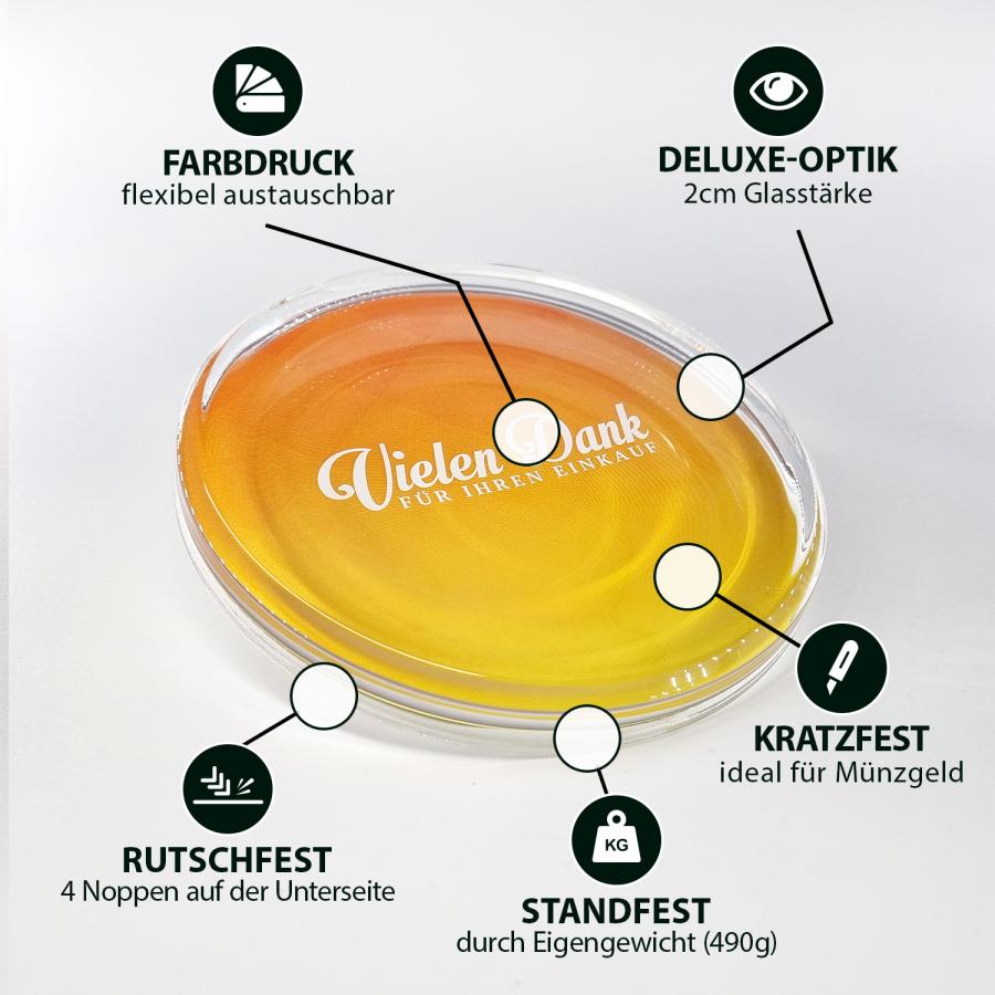 Artikeldetails  ZAHLTELLER, Kassierteller, Geldschale aus Glas, gelb