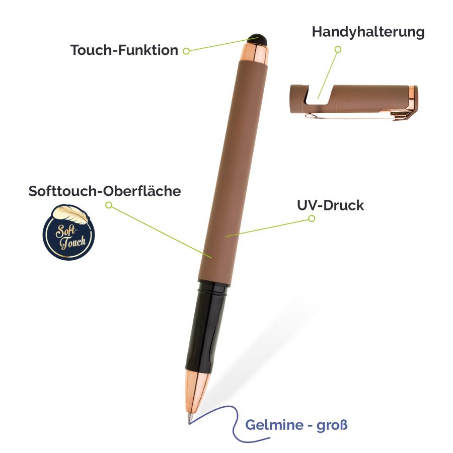 Gelschreiber mit Softtouch-Oberfläche, Touchpen-Funktion und Handyhalterung