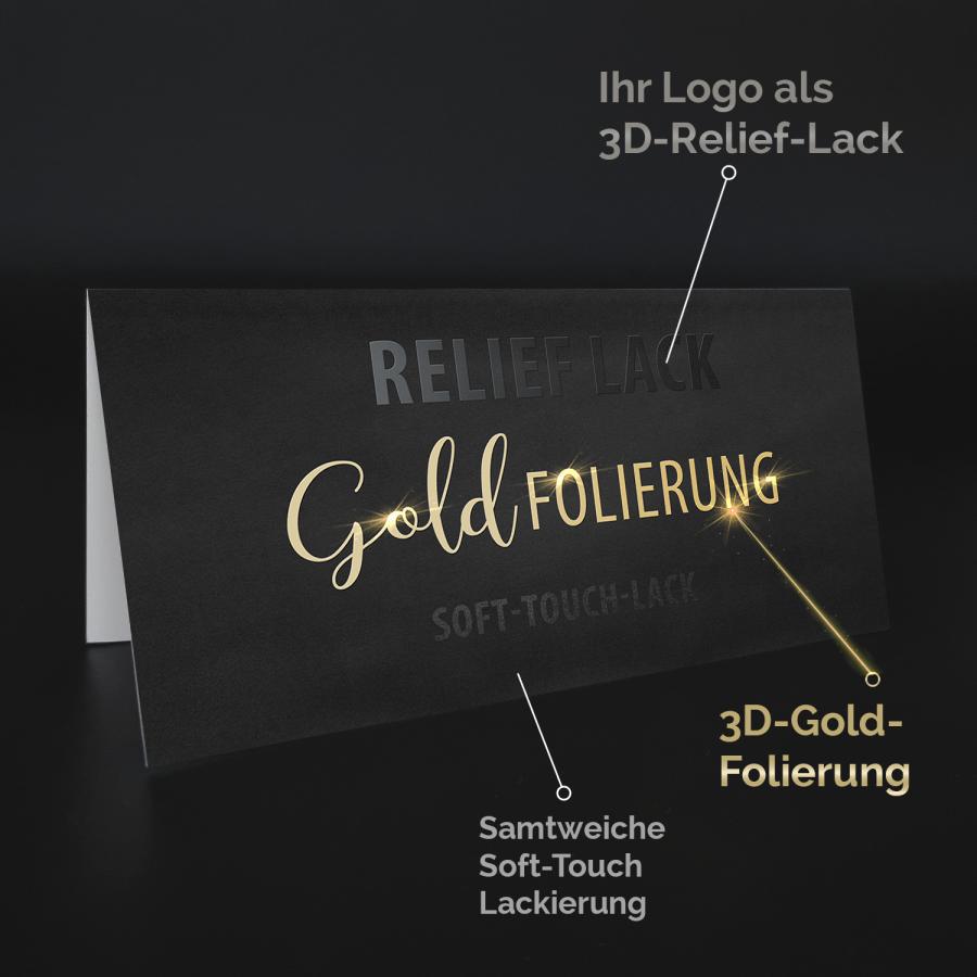 Premium Geschenkgutschein als Klappkarte DIN lang mit 3D-Goldfolie, Soft-Touch-Lack und Relieflack