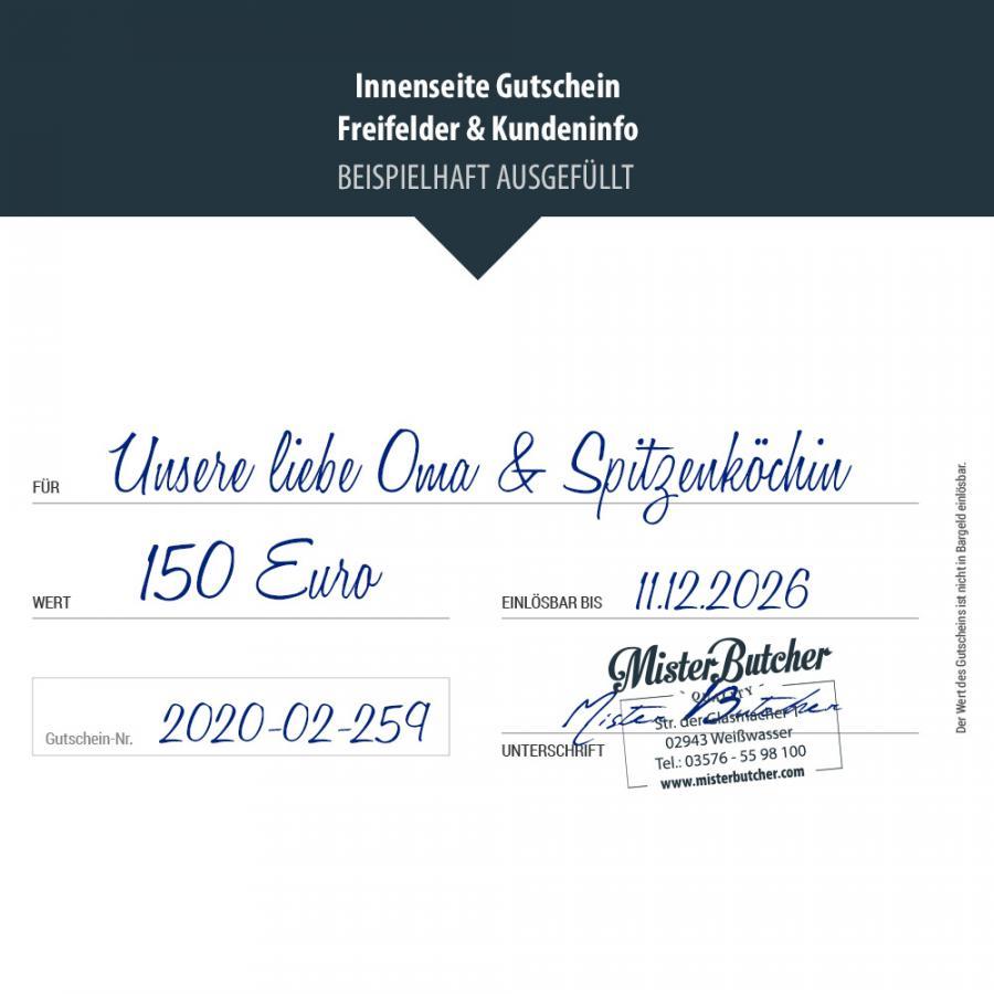 Innenseite des Metzgerei-Gutscheins: Felder für Name, Wert, Einlösbar bis, Gutschein-Nr. und Unterschrift (Beispiel ausgefüllt)