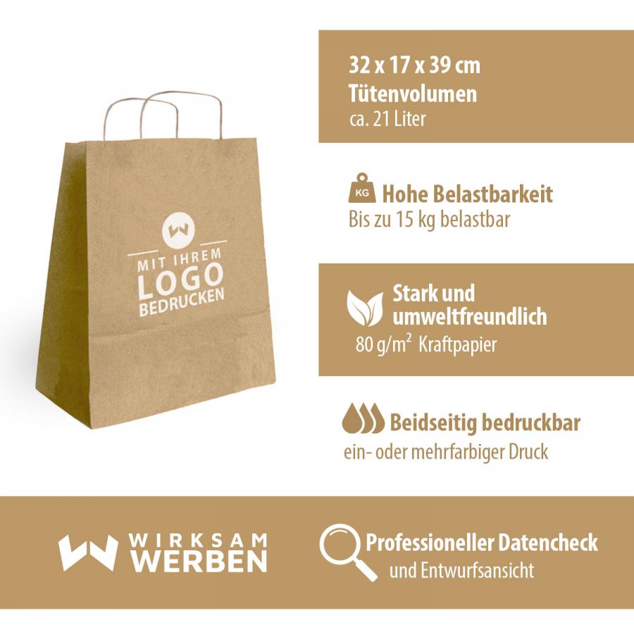 Artikeldetails der Geschenktüten Papier Braun günstig mit Kordelgriff, 32x17x39 cm Größe, Volumen ca. 21 Liter, aus robustem 90 g/m² Kraftpapier, gedrehtem Kordelgriff, beidseitig individuell bedruckbar
