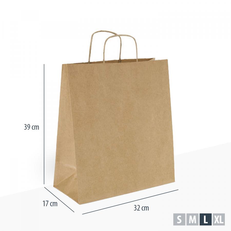 Unbedruckte Geschenktüten Papier Braun günstig mit Kordelgriff, Maße 32x17x39 cm