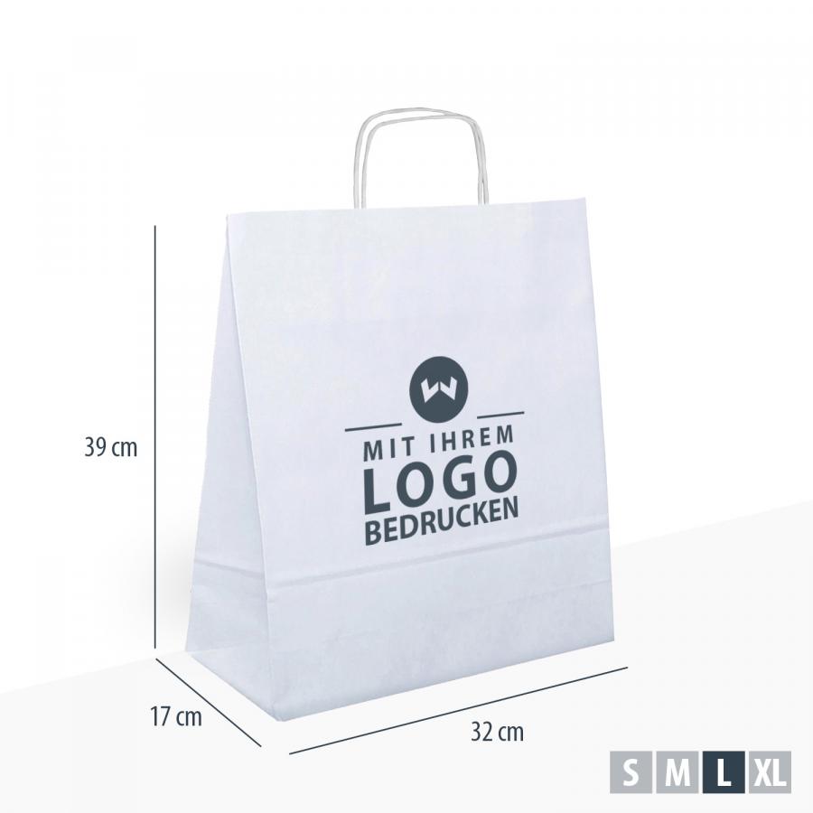 Geschenktüten weiß mit Kordelgriff und individuell bedruckbarem Logo