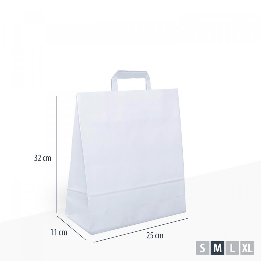 Unbedruckte Papiertaschen weiß günstig mit flachem Henkel, Maße 25x11x32 cm