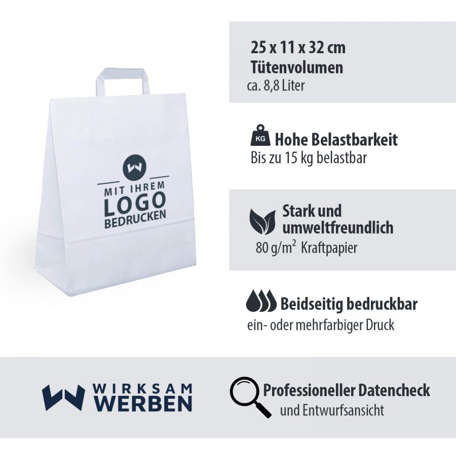 Produktdetails der Papiertaschen weiß günstig mit flachem Henkel, 25x11x32 cm, aus 90 g/m² Kraftpapier, individuell bedruckbar, inklusive Datencheck