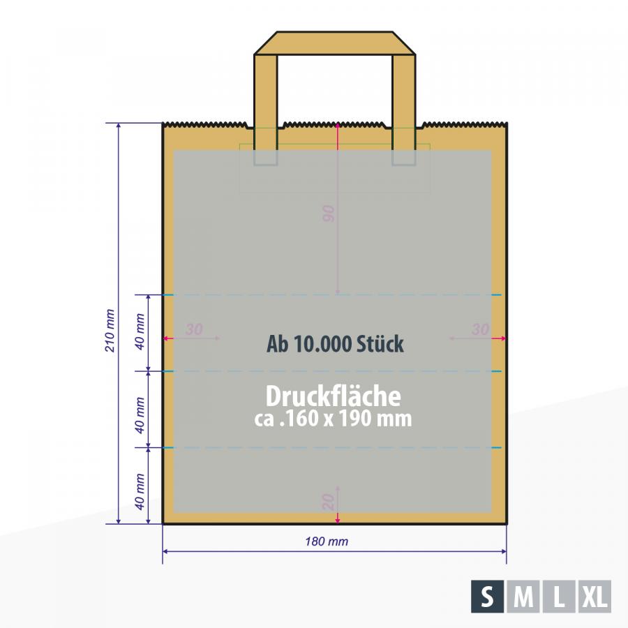 Braune Papiertüte mit erweiterter Druckfläche ab 10.000 Stück, Druckfläche ca. 160x190 mm