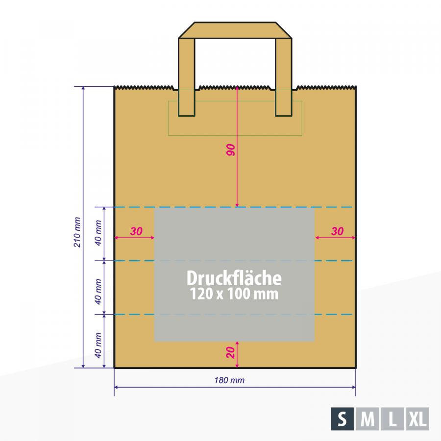 Braune Papiertüte mit bedruckbarer Fläche für Kleinauflagen - Druckfläche 120x100 mm