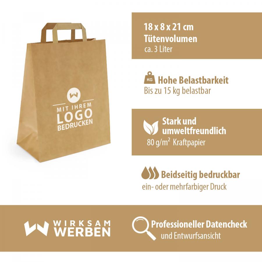Artikeldetails der kleinen Papiertüte braun mit flachem Henkel, 18x8x21 cm Größe, hohe Belastbarkeit bis 15 kg, aus umweltfreundlichem 80 g/m² Kraftpapier, beidseitig individuell bedruckbar, inklusive professionellem Datencheck