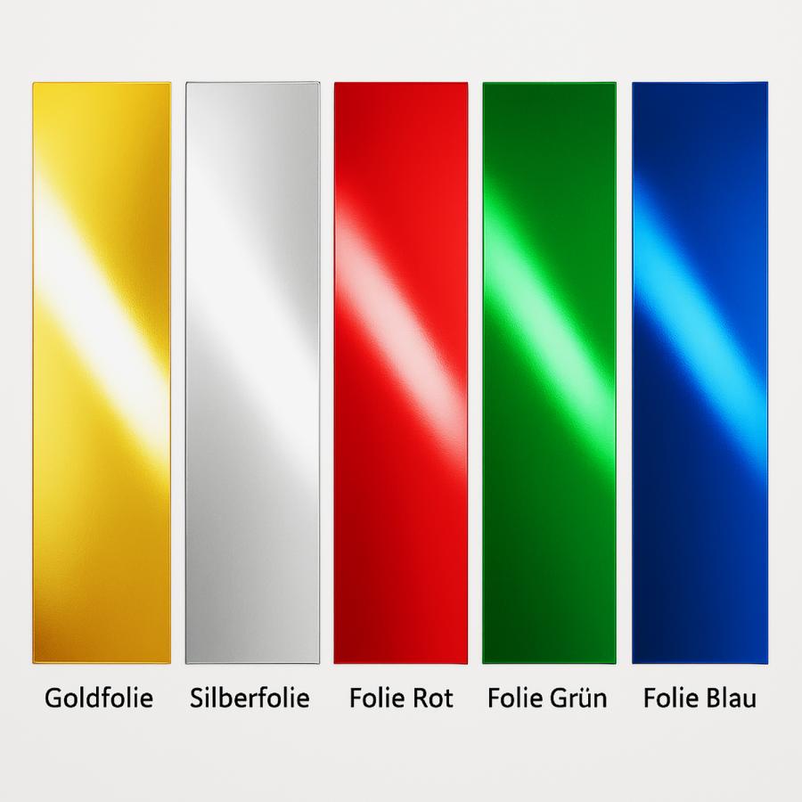 Heißfolienprägung Farben Muster: Gold, Silber, Rot, Grün, Blau für Klappkarte DIN lang