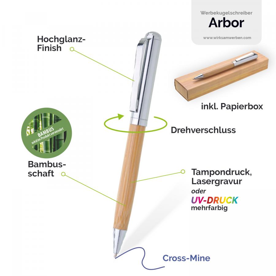 Details zum hochwertigen Bambus- Kugelschreiber mit Hochglanz-Finish und Drehverschluss
