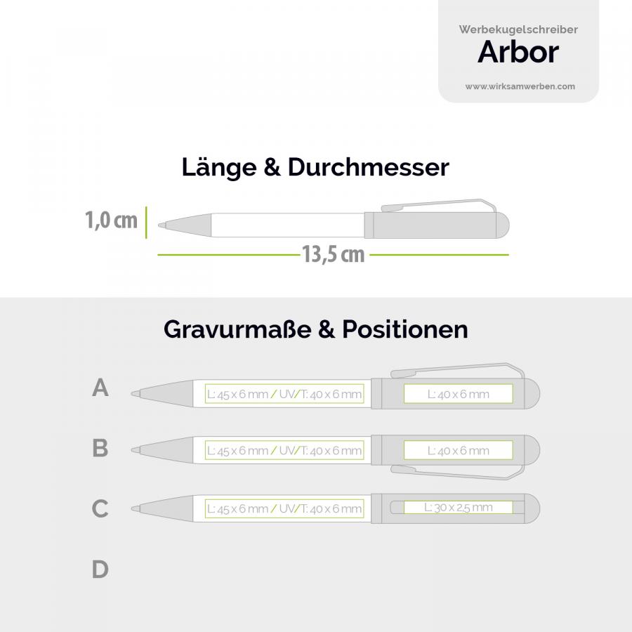 Druckmaße und Positionen für den hochwertigen Bambus- Kugelschreiber