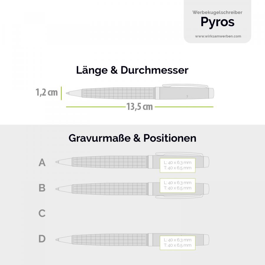 Hochwertiger Kugelschreiber mit detaillierten Abmessungen und Gravurpositionen