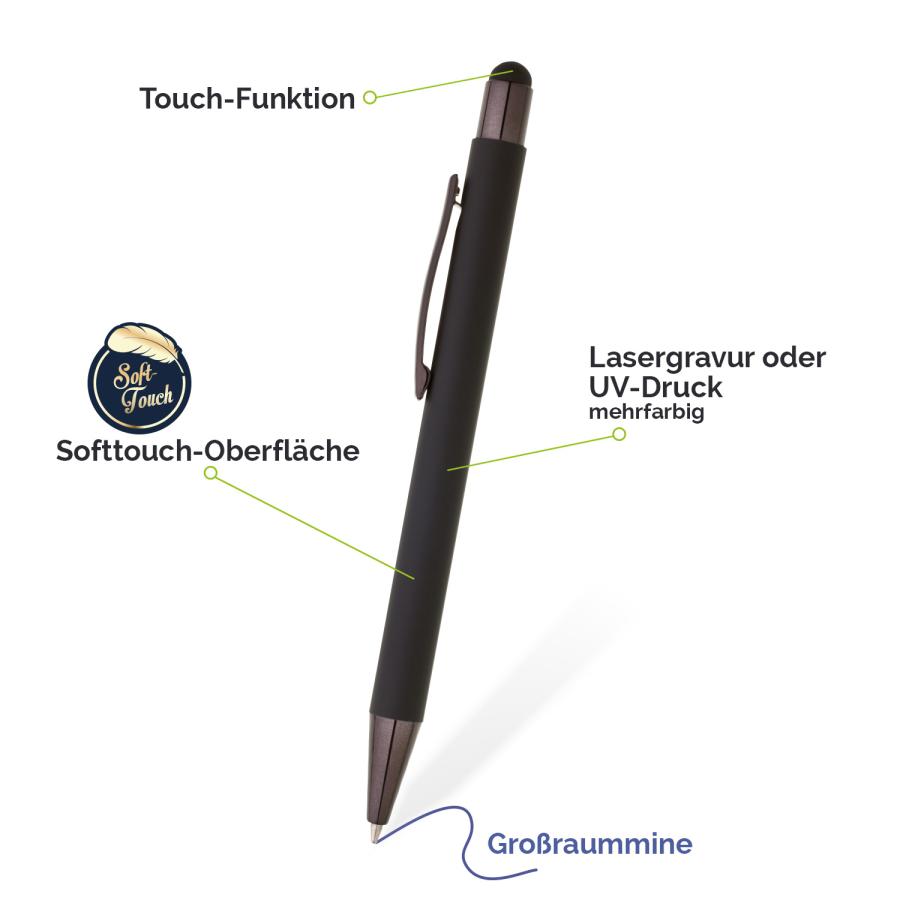 Detailansicht Kugelschreiber mit Touchpen, Softtouch-Oberfläche und UV-Druck
