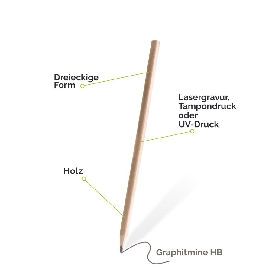 Dreieckiger Holzbleistift naturbelassen mit Tampondruck, oder Laser-Gravur