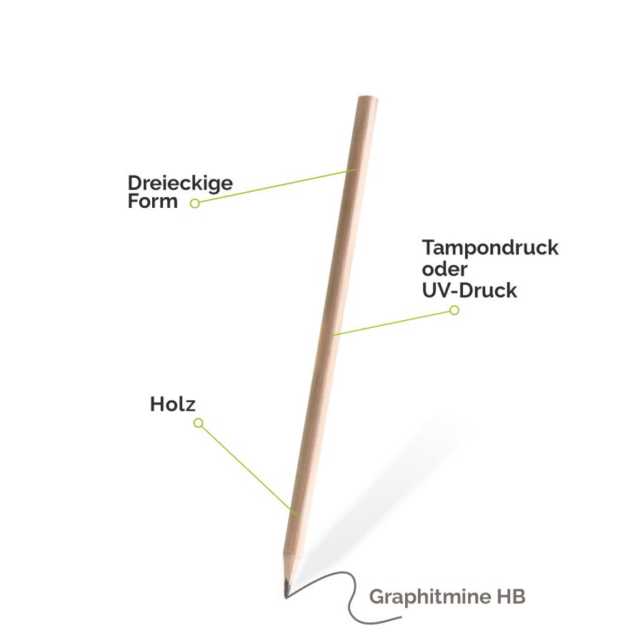 Dreieckiger Holzbleistift naturbelassen mit Tampondruck-Option