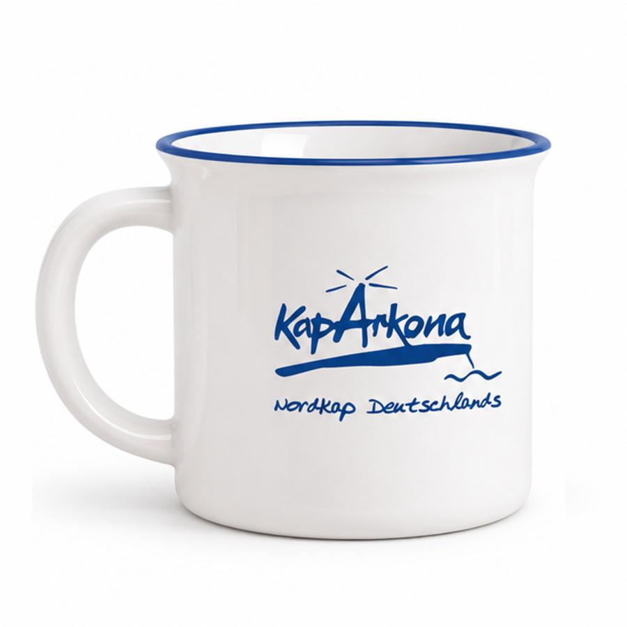 Keramiktasse NORD im Vintage-Look mit blauem Logo-Druck als Referenzbeispiel