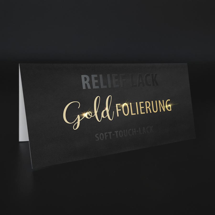 Flyer DIN lang Heißfolienprägung Gold, 3D-Relieflack, Soft-Touch-Lack, 4-seitig, gefalzt