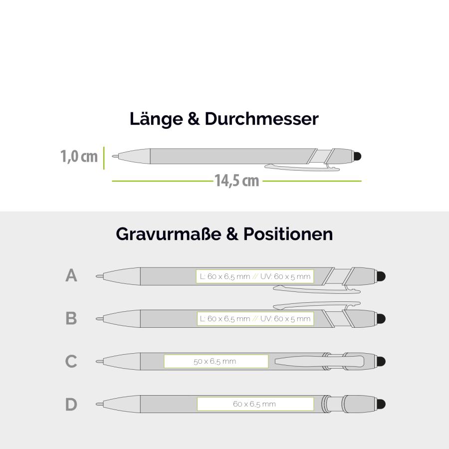 Gravurmaße und Druckpositionen für Kugelschreiber mit Farbverlauf