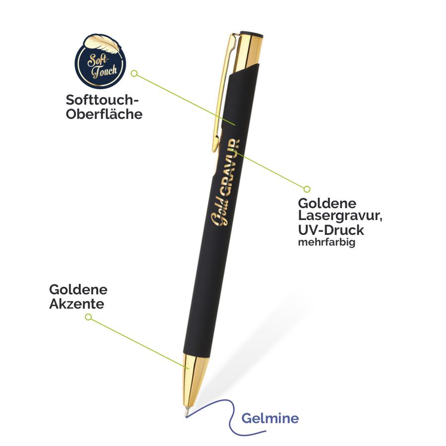 Kugelschreiber Gold mit Gravur – goldene Gravur, Softtouch Oberfläche und feine Gelmine