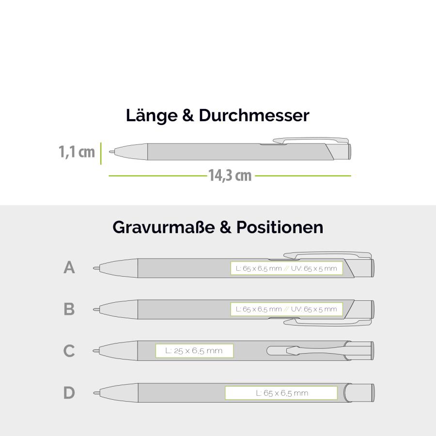 Druckpositionen und Gravurmaße für Kugelschreiber mit Goldgravur