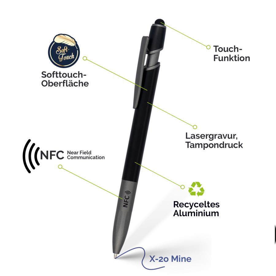 Kugelschreiber mit NFC-Chip, Touchfunktion sowie Lasergravur oder Tampondruck