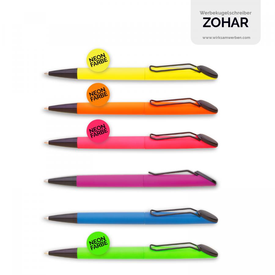 Kugelschreiber Neon ZOHAR mit Tampondruck, UV-Druck und Epoxid-Logo