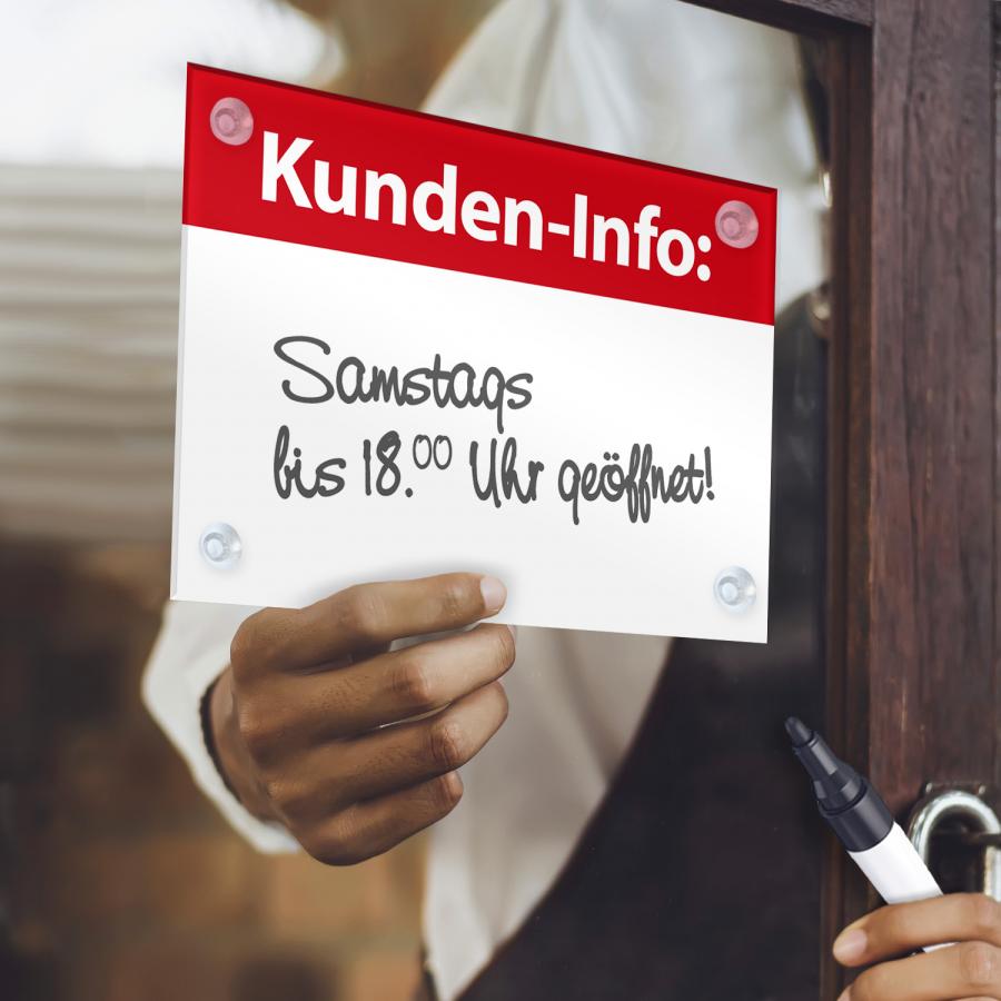 Kundeninfo, Hinweis-Schild mit Saugnäpfe, Aushang individuell beschreibbar, DIN A4