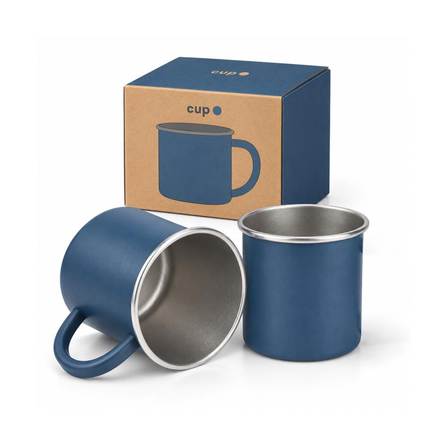 Blaue Blechtasse im Retro-Look aus recyceltem Edelstahl mit Öko-Design-Box