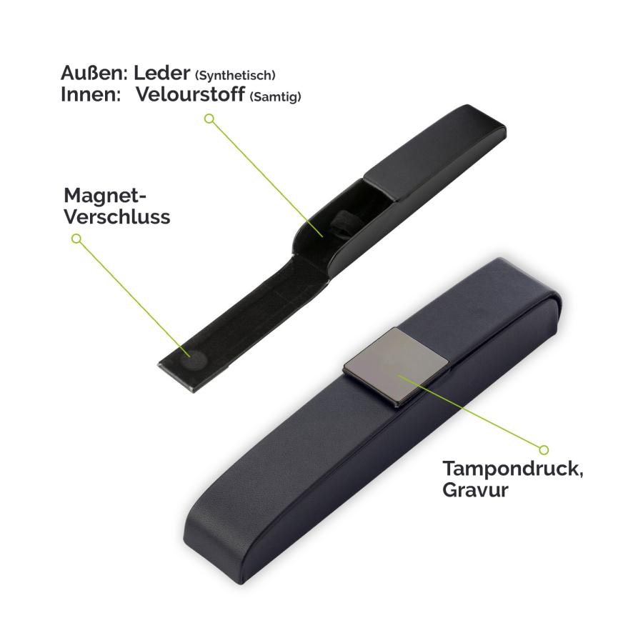 Detailansicht Lederetui mit Samtfutter, Magnet und Gravurfläche