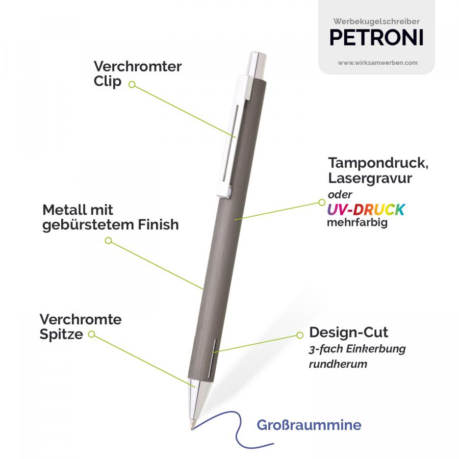 Detailansicht Metall Kugelschreiber mit gebürstetem Finish und verchromten Elementen
