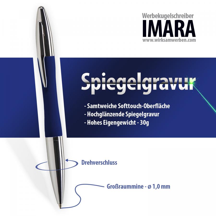 Blauer Metall-Kugelschreiber IMARA mit Softtouch-Oberfläche und Spiegelgravur