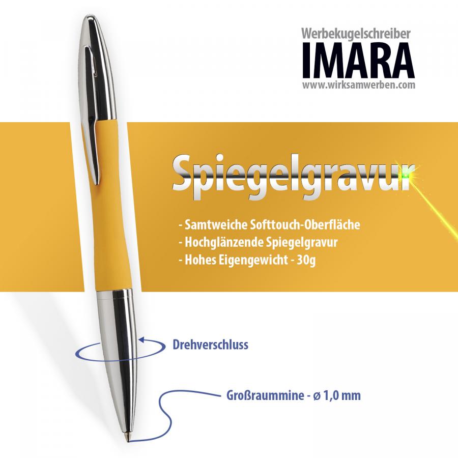 Gelber Metall-Kugelschreiber IMARA mit Softtouch-Oberfläche und Spiegelgravur