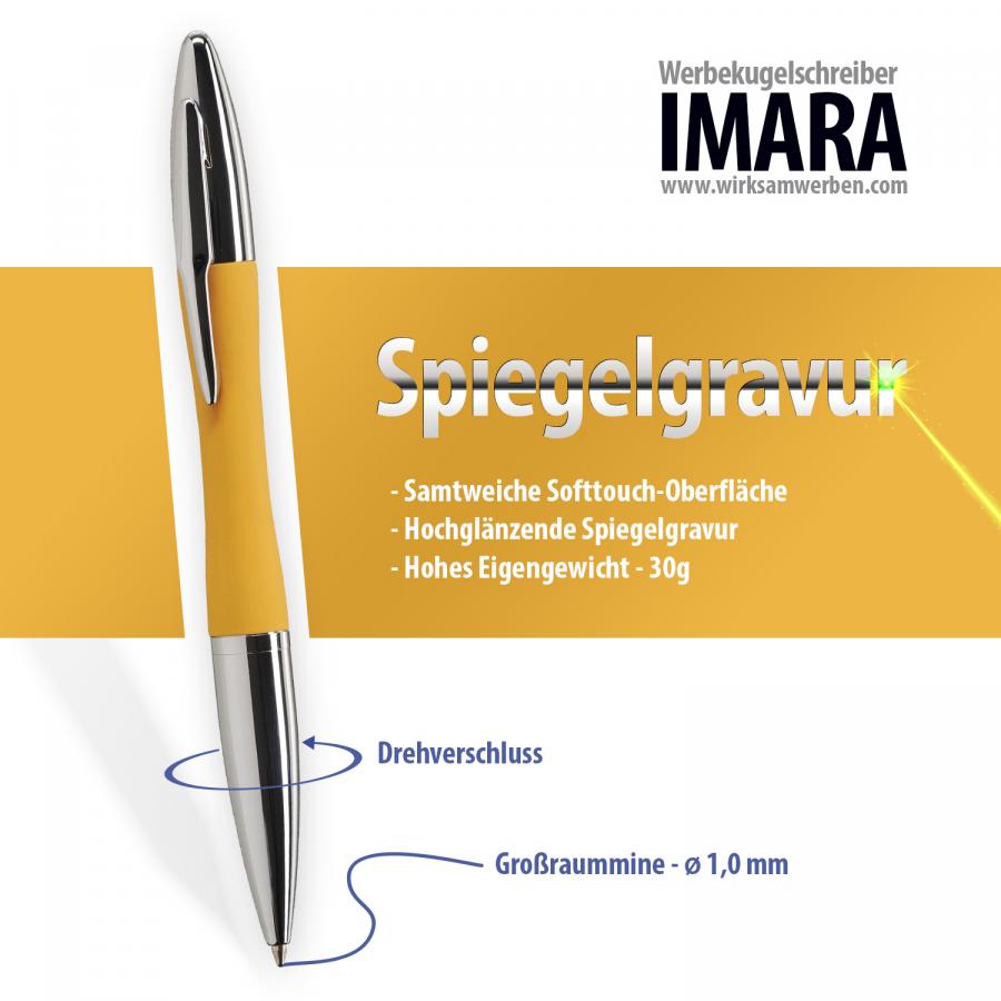 Gelber Metall-Kugelschreiber IMARA mit Softtouch-Oberflche und Spiegelgravur