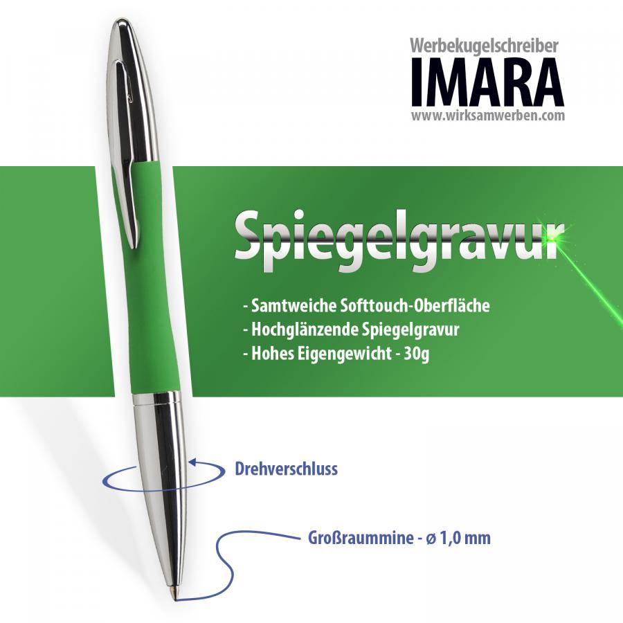 Grüner Metall-Kugelschreiber IMARA mit Softtouch-Oberfläche und Spiegelgravur