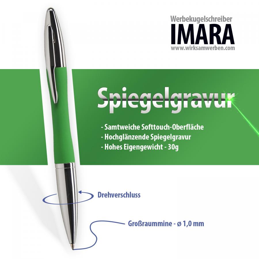 Grner Metall-Kugelschreiber IMARA mit Softtouch-Oberflche und Spiegelgravur