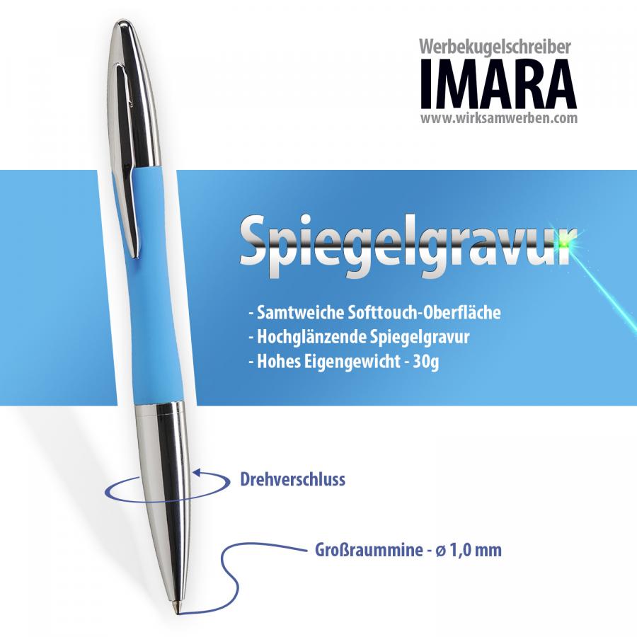 Hellblauer Metall-Kugelschreiber IMARA mit Softtouch-Oberfläche und Spiegelgravur