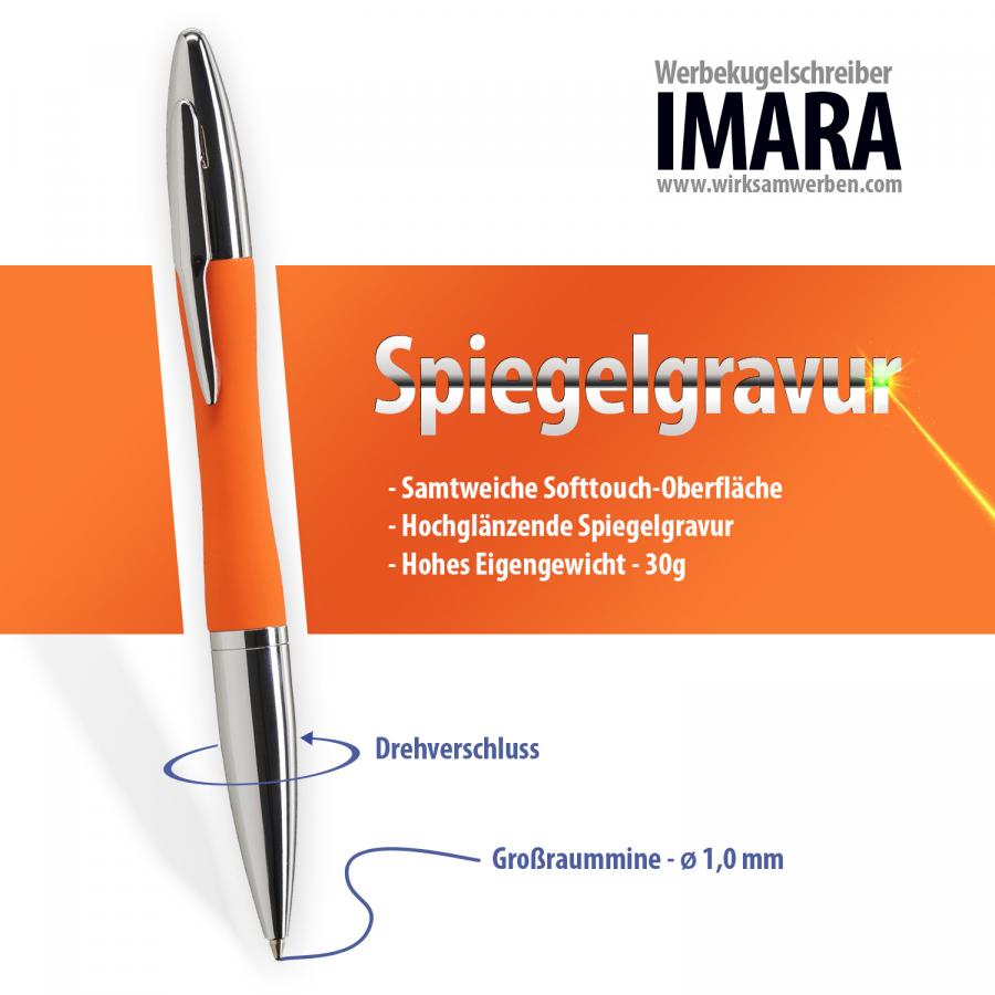 Orangener Metall-Kugelschreiber IMARA mit Softtouch-Oberfläche und Spiegelgravur