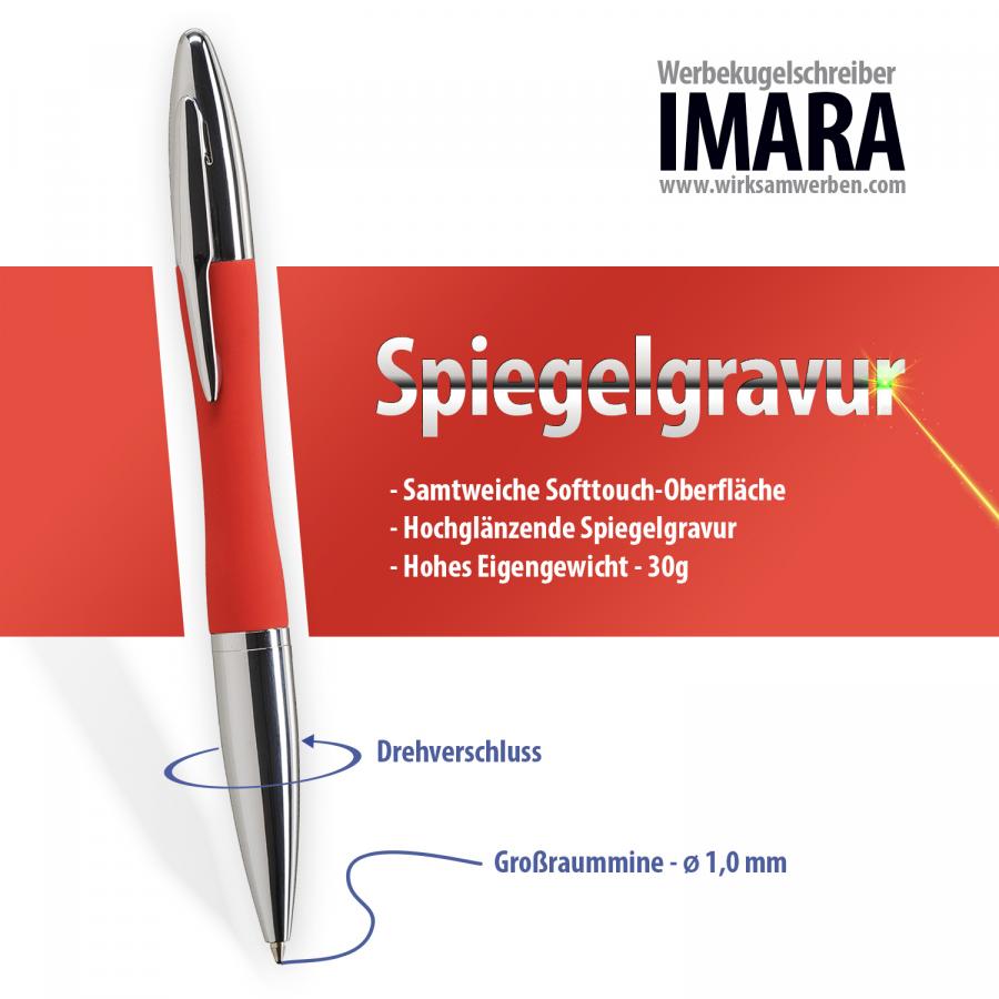 Roter Metall-Kugelschreiber IMARA mit Softtouch-Oberfläche und Spiegelgravur