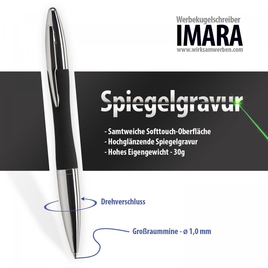 Schwarzer Metall-Kugelschreiber IMARA mit Softtouch-Oberfläche und Spiegelgravur