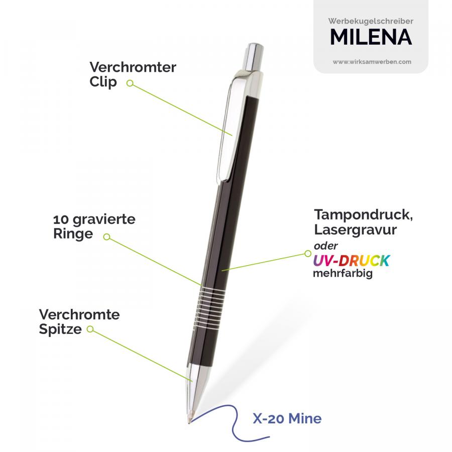 Detailansicht des MILENA Metall-Kugelschreibers mit verchromtem Clip und 10 gravierten Ringen