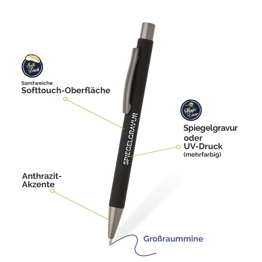 Metallkugelschreiber mit Softtouch-Oberfläche und anthrazitfarbenen Details